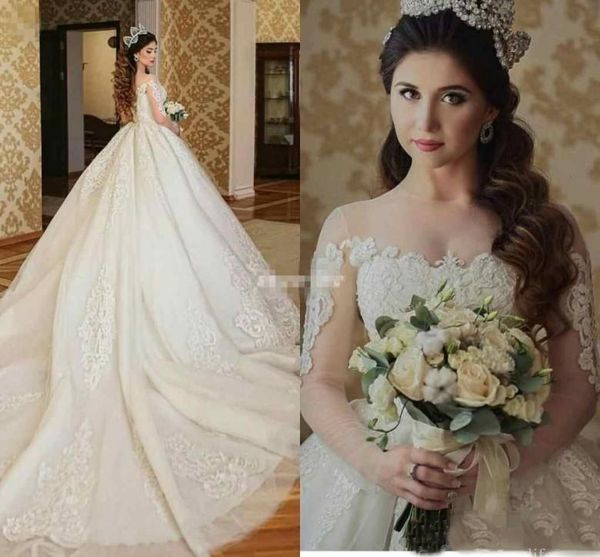 

luxury long sleeve wedding dresses with cathedral train satin vintage lace applique jewel neckline princess bridal gowns, White