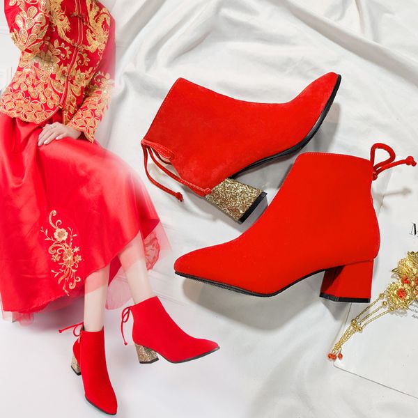 

lace up winter boots lady boots-women women's rubber shoes rain booties woman 2019 high heels bling bling 2020 stiletto red, Black