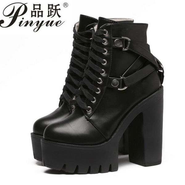 

gothic cross strap ankle boots women faux leather platform block chunky thick ultra high heel gladiator shoes bootie, Black