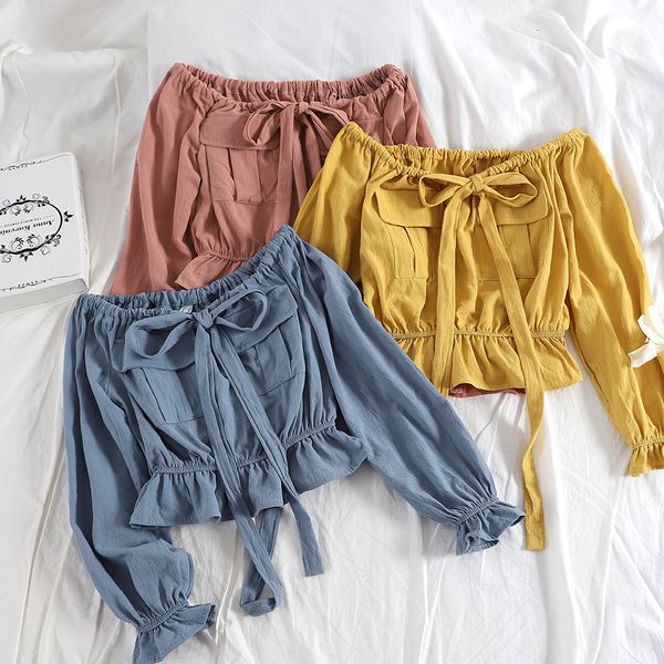 

women summer slash neck flare sleeve lace up bandage ruffles shirt vintage short elastic slim high waist pullover blouse, White