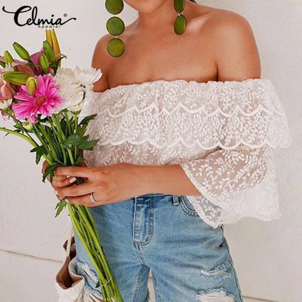 

off shoulder lace blouse celmia women white 2020 summer casual loose see-through ruffle shirt short sleeve hollow blusa