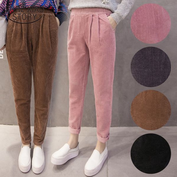 

women pants corduroy pants autumn winter korean elastic waist pink harem casual black trousers plus size 7287 50, Black;white