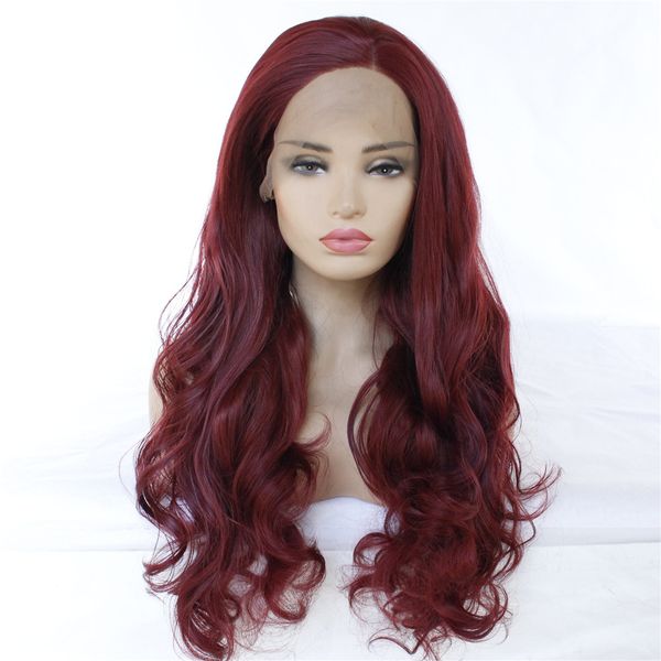 New Burgundy Color Natural Body Wave High Temperature Fiber Hair Wigs Synthetic Lace Front Jerry Curly Wave Hair Wig For Ladies Wig For Men Fun Wigs