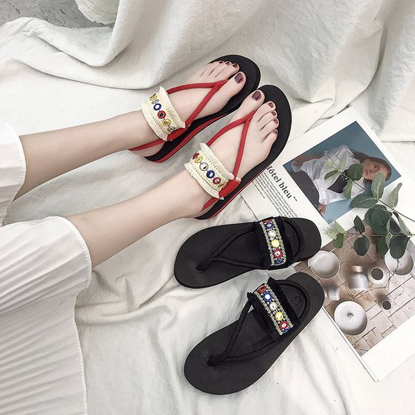 

new sandals and slippers women's summer fashion wear flat bottom flip flops women's thick bottom wild two wearing beach shoes, Black