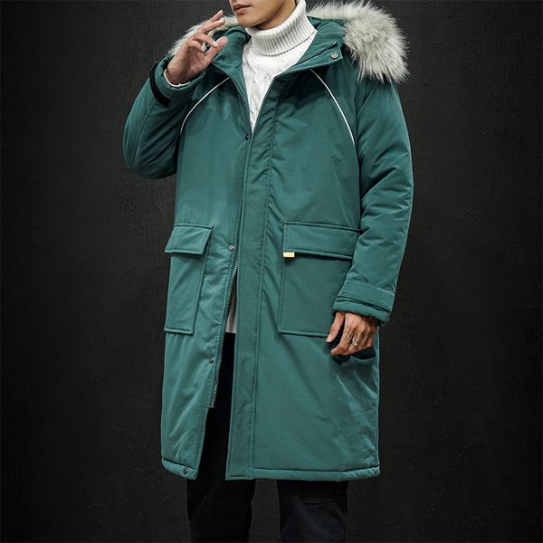 

long parkas winter jacket men 2020 new warm windproof casual outerwear padded cotton coat hooded fur collar thick parkas men, Black