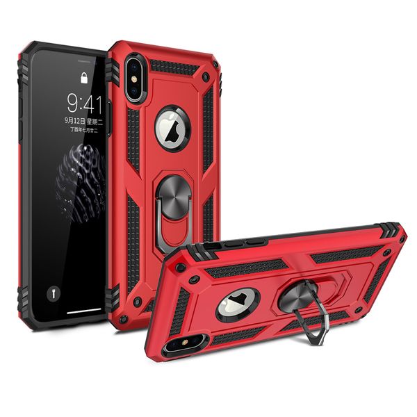 Blindagem de dupla camada caso 360 graus de rotação Detentor do anel de metal Suporte de apoio à prova de choque Capa para iPhone 6 6S 7 8/7 mais 8 mais / XS XR XS MAX