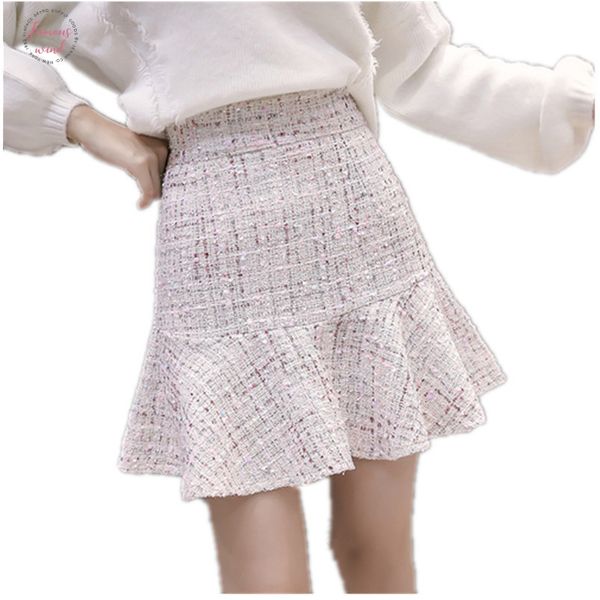

winter new 2019 autumn winter women mermaid skirt mini tweed skirt white black high waist elegant lady plus size party skirts