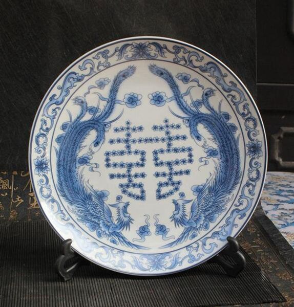 

antique porcelain jingdezhen antique ceramic blue and white double happiness hanging plate decoration sitting plate living room craft decora