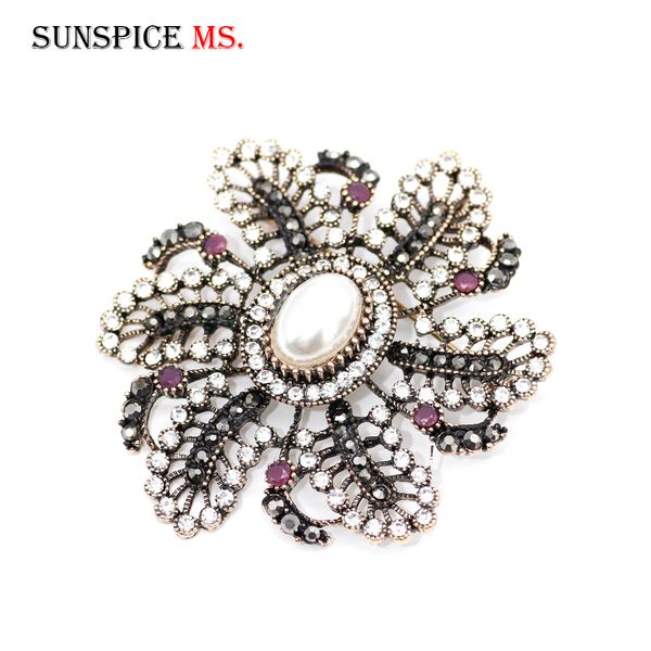 

sunspice ms vintage flower rhinestone brooch for women antique gold color imitation pearl crystal broches brooches caftan pins, Gray