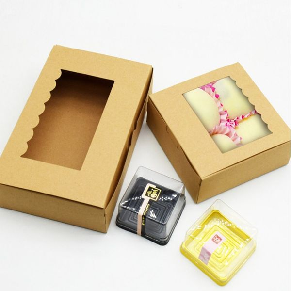

10pcs/lot new selling 13.5x13.5x5cm kraft cookies boxes with clear window cake candy boxes favor for party and gifts
