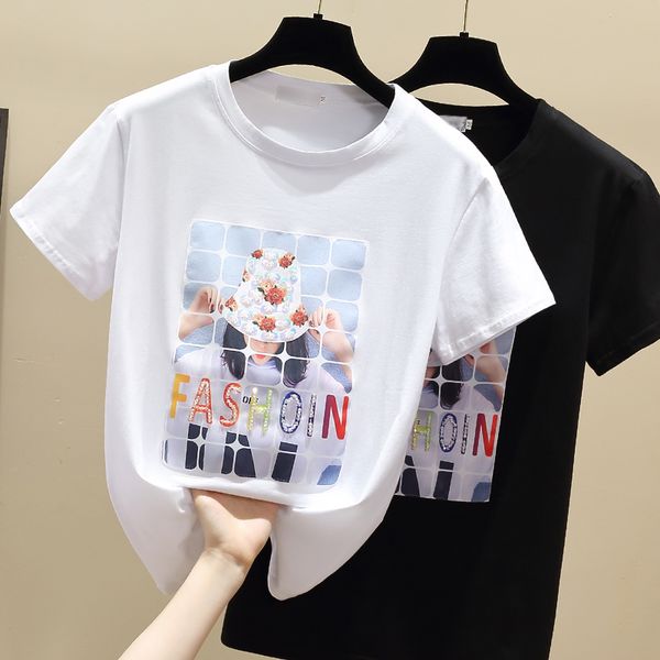 

will brim glitter nail bead heavy process cotton round collar short sleeve t-shirt female students first half sleeve base coat, White