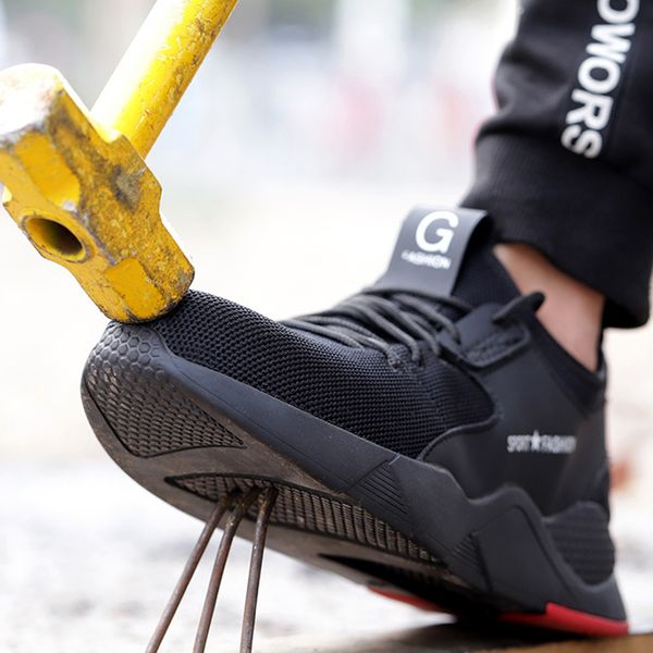 

men's work safety shoes steel toe cap construction puncture proof boots summer fashion breathable lightweight sports shoes, Black