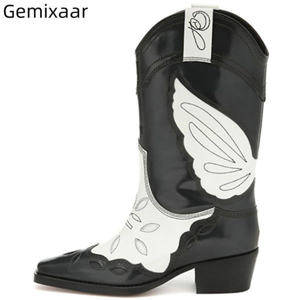 

2019 women boots point toe mixed ladies bottes low square heel fashion shoes women handmade sewing 2019 new woman boots mujer, Black