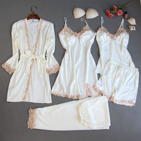 

women's sleepwear robe sets 5 pieces robe+nightdress+shorts silk satin bathrobe set summer lace nightwear for women pijama mujer, Black;red