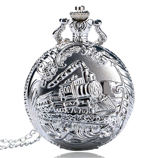 

silver case train locomotive hollow quartz pocket watch clock hour necklace pendant women men's fob watches christmas gifts, Slivery;golden