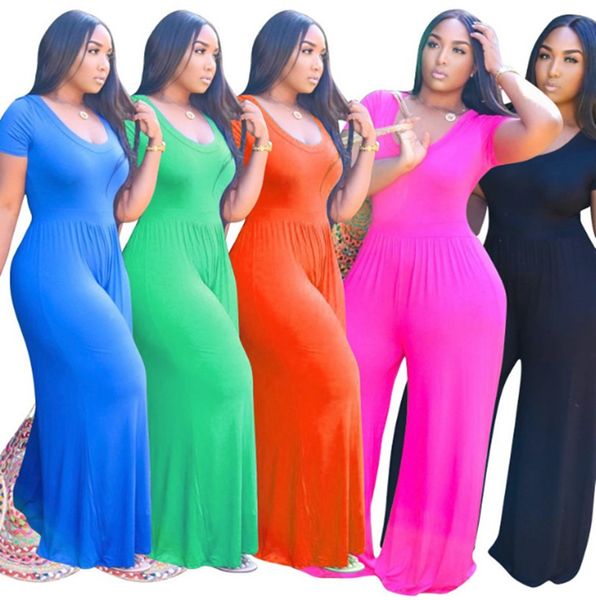 

plus size 3x 4xl 5xl women solid color bigger size wide-leg pants jumpsuits fashion loose rompers short sleeve flared pants casua pants 3267, Black;gray