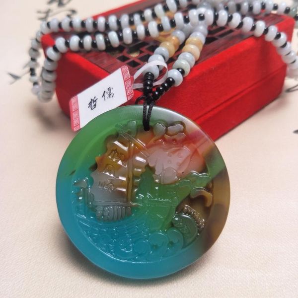

zheru jewelry pure natural colorful jade round boat pendant tricolor jade bead necklace send national certificate, Silver