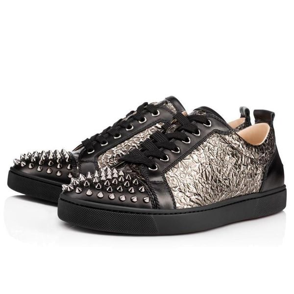 

2018 designer studded spikes flats shoes brand red bottoms shoes luxury men womens party lovers genuine leather sneakers size 36-46, Black