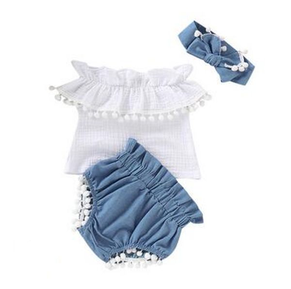 

baby girl clothing sets girls off shoulder shirt shorts bowknot headband 3pcs suit summer cotton linen ruffled collar tassels outfit zyqa574, White