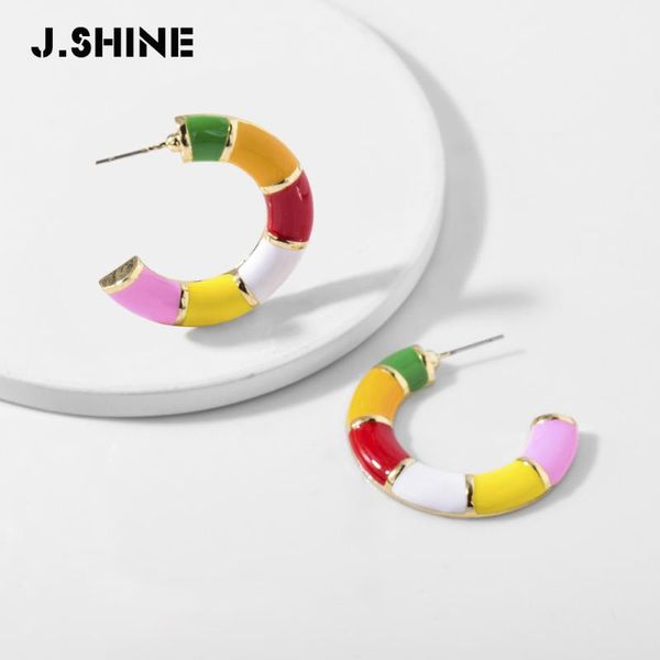 

j.shine new multicolor enameled metal c-shaped earrings geometric round statement hoop earring women fashion jewelry, Golden;silver