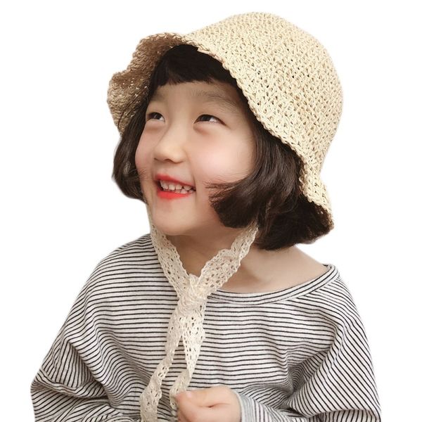 

baby accessories holiday baby kids boy girl hat breathable hat beach straw sun hollow out lace up bandage cap, Yellow