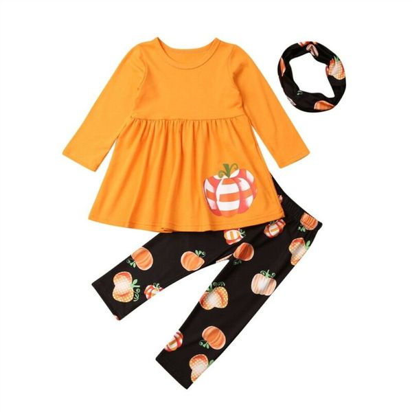 

New Baby Girl Thanksgiving Clothes Long Sleeve Ruffle Dress Tops Floral Pants Headband Set 3Pcs Fall Winter Pumpkin Outfits