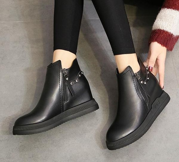 

women's the bottom of the thick boot female fashion round toe lace-up rivet women autumn winter ankle single boots botas, Black