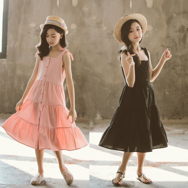

summer cotton sundress for 8 10 12 years girls buttons beach long dress, Red;yellow