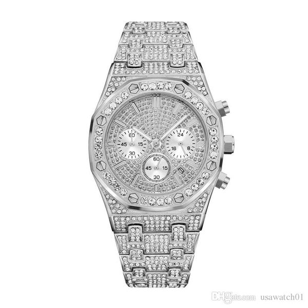 

shinning diamond watch all subdial work mens luxury watches iced out men quartz movement chronograph funcion royal oak party wristwatch, Slivery;brown
