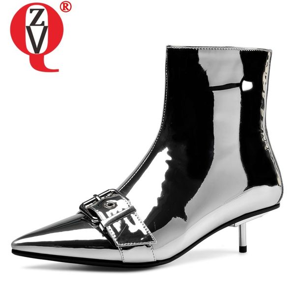 

zvq genuine leather ankle boots outside fashion mid heels pointed toe zip plus size party women shoes drop shipping, Black