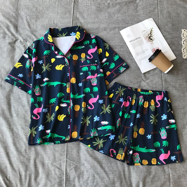 

new summer pijama mujer 2019 women's pajamas cotton short sleeve shorts pajama set cartoon casual pyjamas women home clothing, Blue;gray