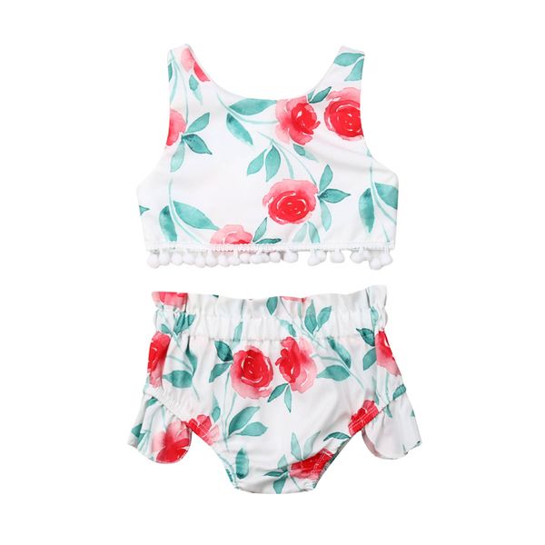 

floral printed newborn baby kids girls 2pcs clothes set floral sleeveless tassel +high waist shorts cute outfits, White