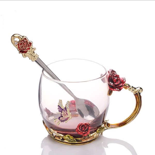 

beauty and novelty enamel coffee cup mug flower glass cups for and cold drinks cup spoon set perfect wedding gift
