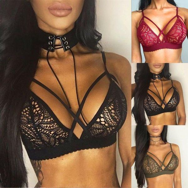 

woman lace bra lingerie soft mesh triangle hollow out unpadded push up bra wire cross, Red;black