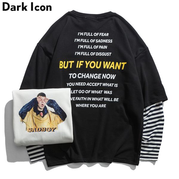 

dark sad boy печатный полосатый рукав лоскутная мужская толстовка 2019 новый смешной печати high street толстовки уличная одежда, Black