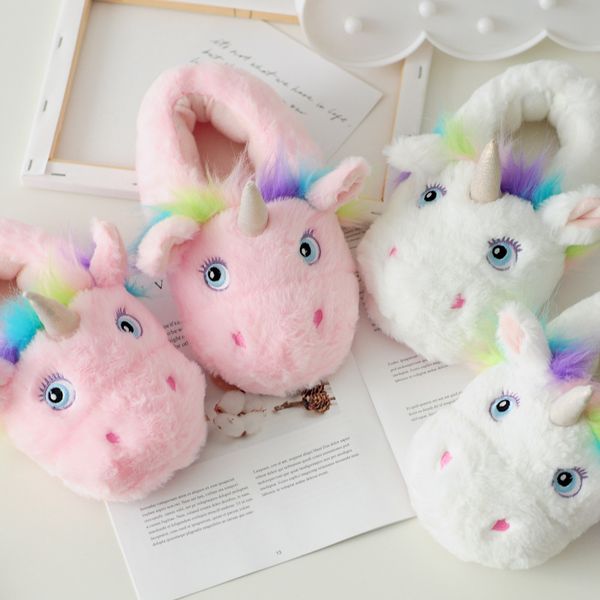 

winter warm indoor cotton-padded shoes women flats cute cartoon white pink unicorn plush slippers girls bedroom slip on, Black