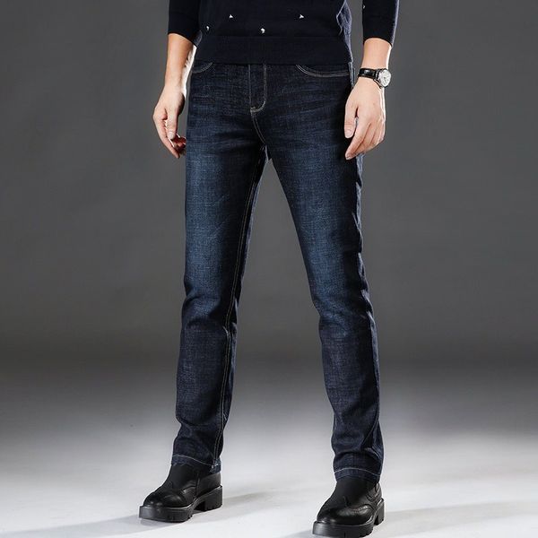 

men clothes 2019 autumn winter stretch black straight jeans business dress casual fashion denim trousers pants male, Blue