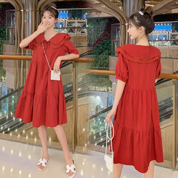 

2058# maternity clothes summer cotton solid color red short sleeve loose stylish dress for pregnant women pregnancy clothes, White