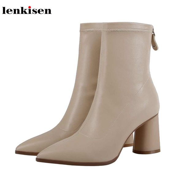 

lenkisen beauty lady fashion pointed toe high heels solid stretch leather streetwea winter keep warm gentlewomen ankle boots l57, Black