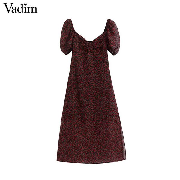

vadim women sweet floral chiffon midi dress v neck short sleeve zipper side split vintage female cute mid calf dresses qd170, Black;gray