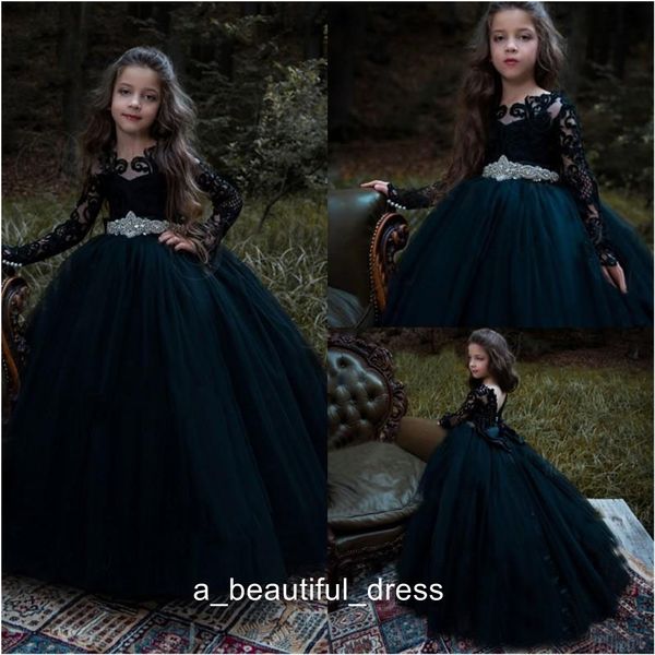 Jewel pizzo a manica lunga Nero Flower Girl Dresses Vintage appliqued abito di sfera di cristallo di spettacolo del vestito Beade Little Baby Comunione FG1328