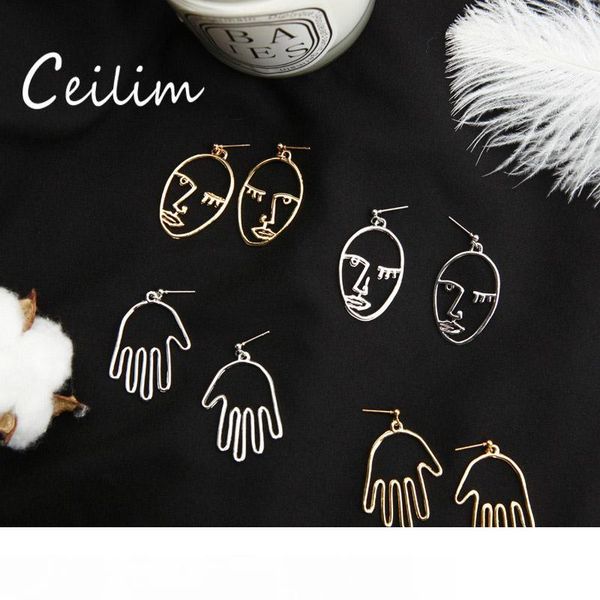 

european and american eccentric personality metal minimalist earring alloy plating hollow hand & face stud earrings for women gift, Silver
