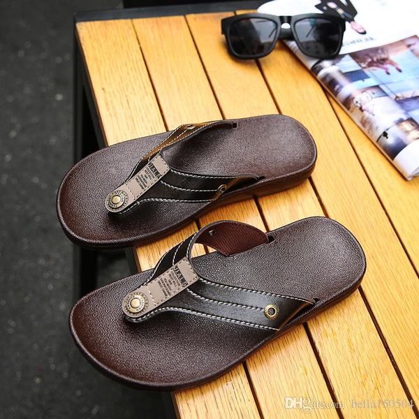 

designer slippers brand men leather sandals shoes slide summer wide flat slippery with thick sandals flip flops beach slippers, Black