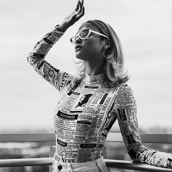

women long sleeve bodysuit women newspaper printed jumpsuits 2019 summer fashion individuality slim costume skinny playsuits, Black;white