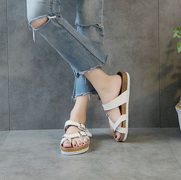 

summer slippers women's double buckle cork non-slip flip flops flats casual platform slippers women outdoor beach shoes, Black