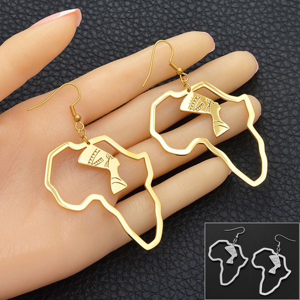 

anniyo gold color stainless steel egyptian queen nefertiti earrings african map earrings jewelry africa ethnic gift #116821, Golden