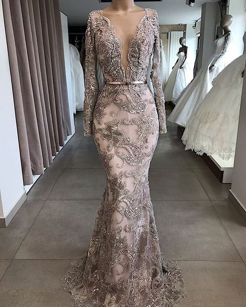 

luxury beaded mermaid evening dresses 2020 long sleeves deep v neck lace pageant prom formal party gowns robes de soirÃ©e abendkleider, Black;red