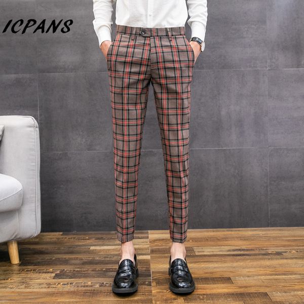 

icpans casual business formal suit pants men plaid pants mens streetwear show trousers dress slim fit mens clothes 2019, White;black