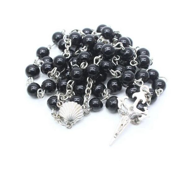 

imitation pearl cross rosary necklace christian catholic men and women long sweater chain, Silver