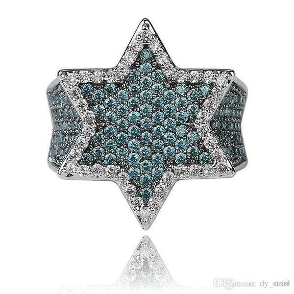 

new iced out full cubic zircon franklin mint green gemstone men's hexagonal star gold ring hiphop jewelry gift, Silver
